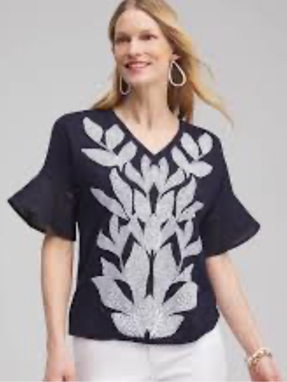 Chicos Navy Blue White Leaf Linen Blend Flutter Sleeve Top Size 3 (XL)